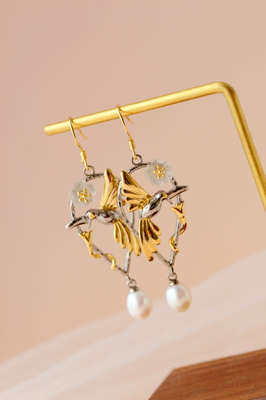 Artistic Vintage Design 925 Sterling Silver Hummingbird & Flower Earring Inlaid Natural Freshwater Pearl Earring  Jewelry Gift
