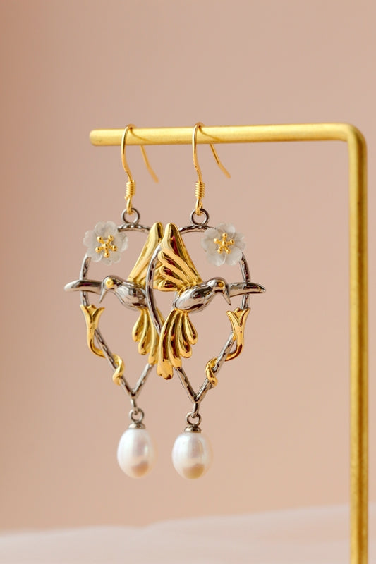 Artistic Vintage Design 925 Sterling Silver Hummingbird & Flower Earring Inlaid Natural Freshwater Pearl Earring  Jewelry Gift