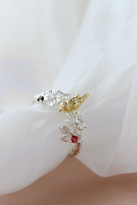 925 Sterling Silver Rings Inlaid Natural Tourmaline Lovable Little Birdie Opening Ring