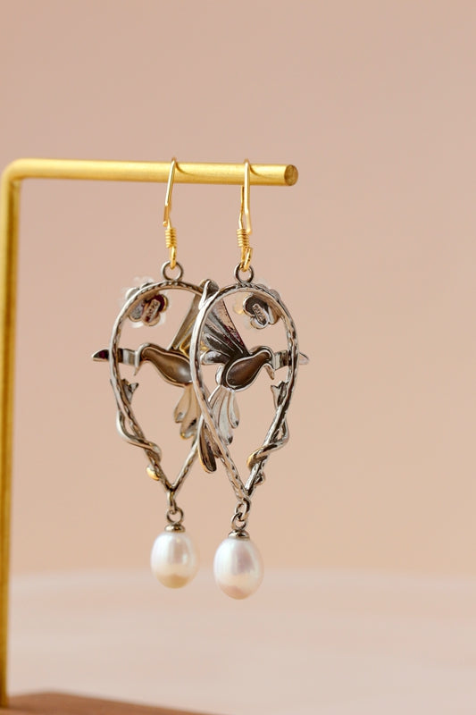 Artistic Vintage Design 925 Sterling Silver Hummingbird & Flower Earring Inlaid Natural Freshwater Pearl Earring  Jewelry Gift