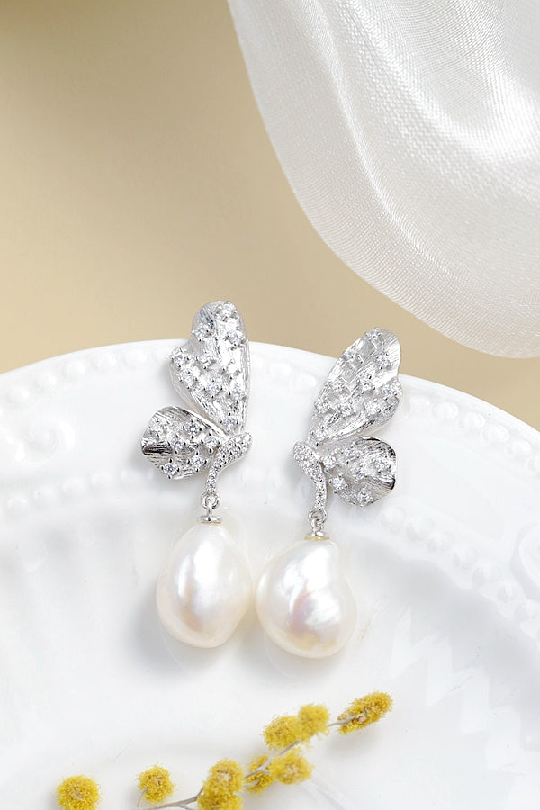 Creative Trendy 18K Gold Plated Butterfly Inlaid Natural Baroque Pearl 925 Sterling Silver Earring Female Fine Jewelry Gift