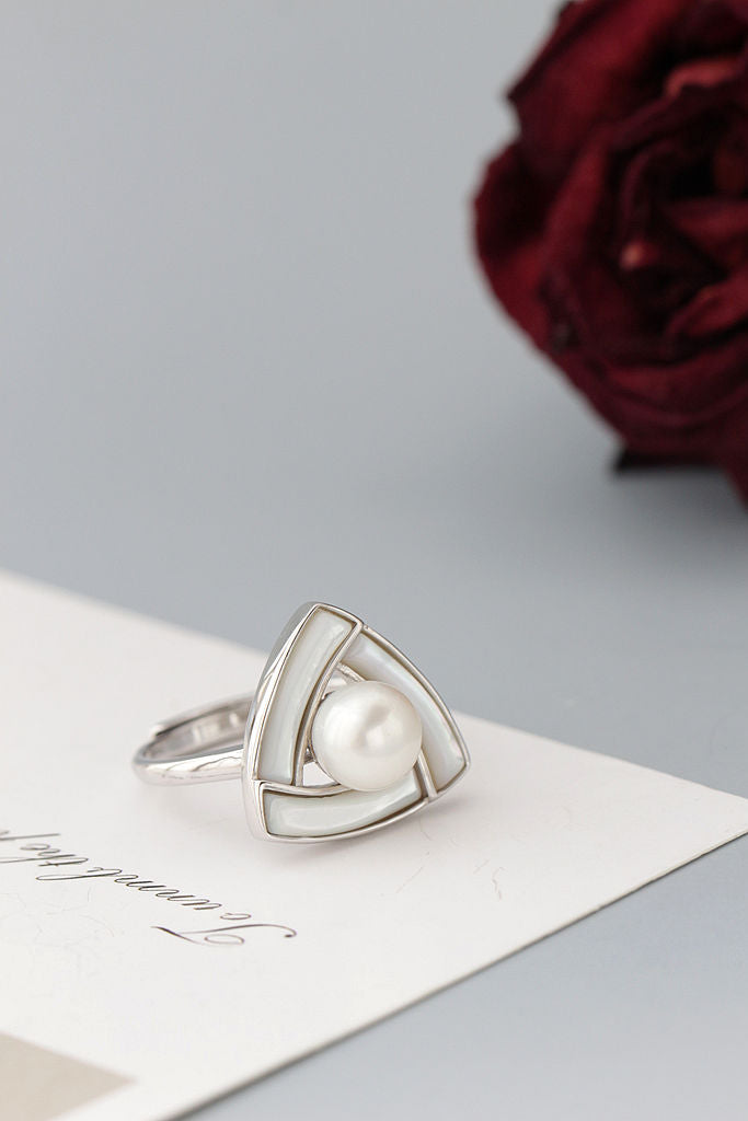 Trendy Geometric Triangular 925 Sterling Silver Rings Inlaid Natural Freshwater Pearl Opening Adjustable Ring Lady Jewelry Gift