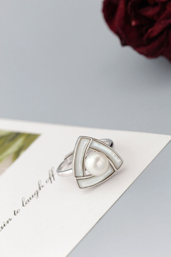 Trendy Geometric Triangular 925 Sterling Silver Rings Inlaid Natural Freshwater Pearl Opening Adjustable Ring Lady Jewelry Gift