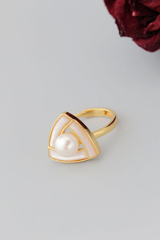 Trendy Geometric Triangular 925 Sterling Silver Rings Inlaid Natural Freshwater Pearl 18K Gold Plated Ring Lady Jewelry Gift