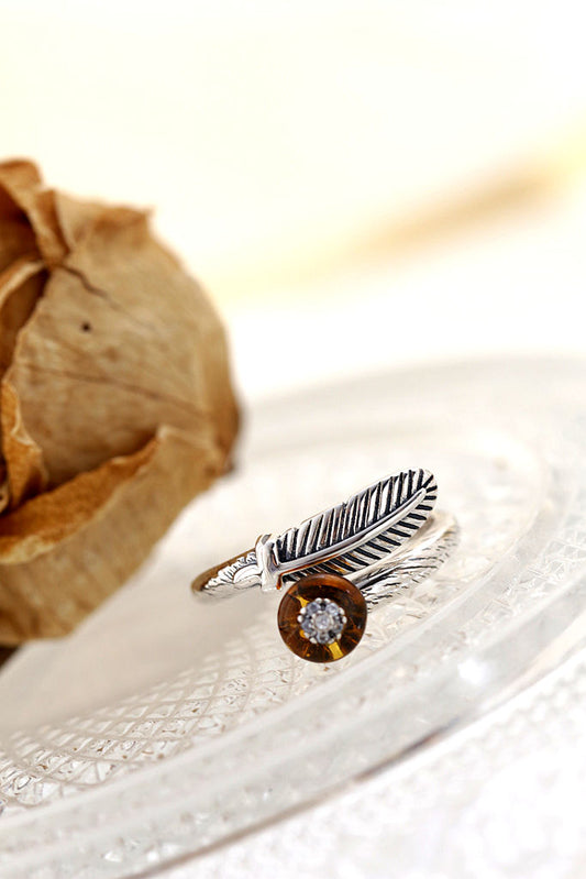 Handmade Inlaid Natural Amber Rings Women Fashion Jewelry Gifts Retro Feather Opening Adjustable Size 925 Sterling Silver Ring