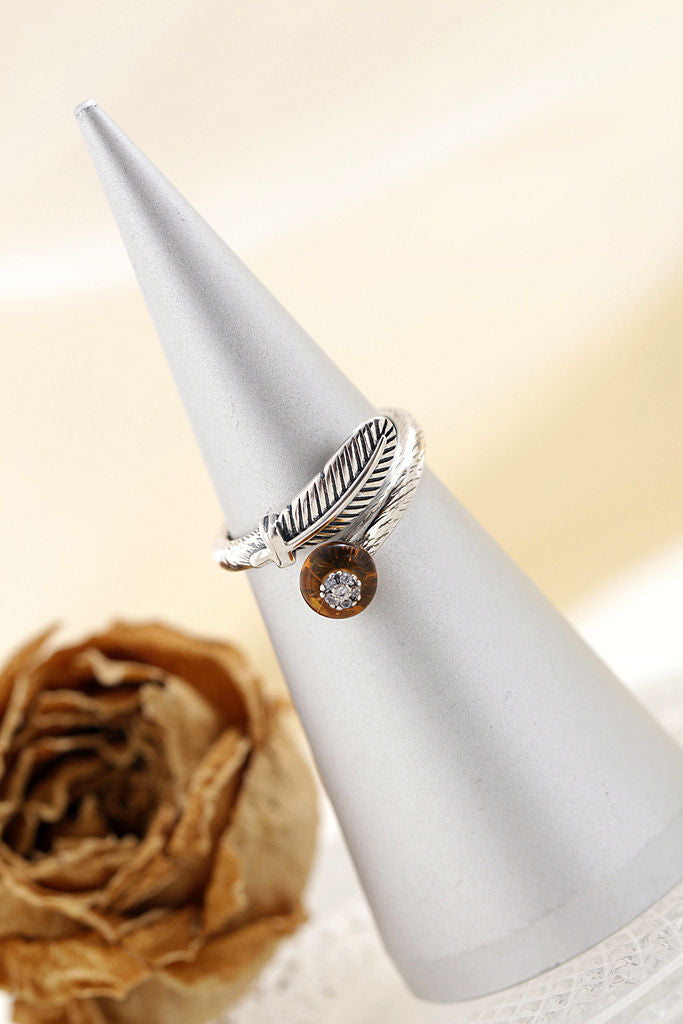Handmade Inlaid Natural Amber Rings Women Fashion Jewelry Gifts Retro Feather Opening Adjustable Size 925 Sterling Silver Ring
