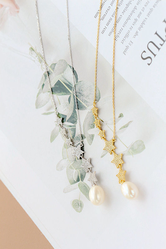 Authentic 925 Sterling Silver Little Star shaped pendant set Inlaid Natural Freshwater Pearl Necklace Women Fashion Jewelry Gift