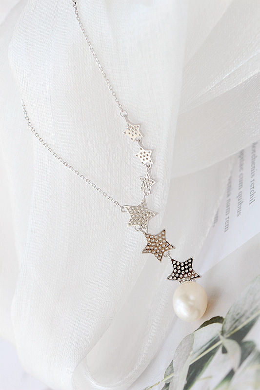Authentic 925 Sterling Silver Little Star shaped pendant set Inlaid Natural Freshwater Pearl Necklace Women Fashion Jewelry Gift