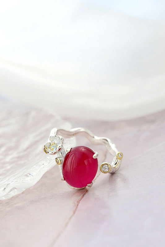 Vintage Elegant Style 925 Sterling Silver Rings Inlaid Artificial Ruby Creative Flower Opening Adjustable Ring Jewelry Gift