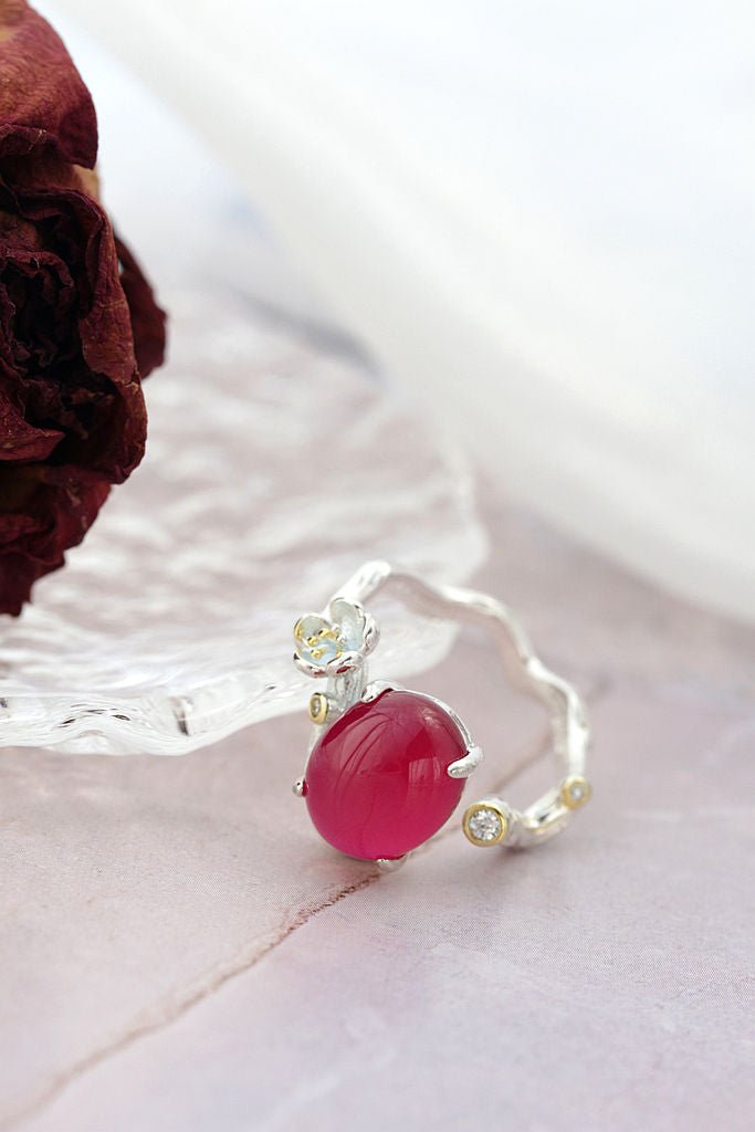 Vintage Elegant Style 925 Sterling Silver Rings Inlaid Artificial Ruby Creative Flower Opening Adjustable Ring Jewelry Gift
