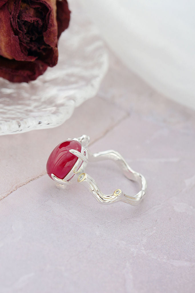 Vintage Elegant Style 925 Sterling Silver Rings Inlaid Artificial Ruby Creative Flower Opening Adjustable Ring Jewelry Gift
