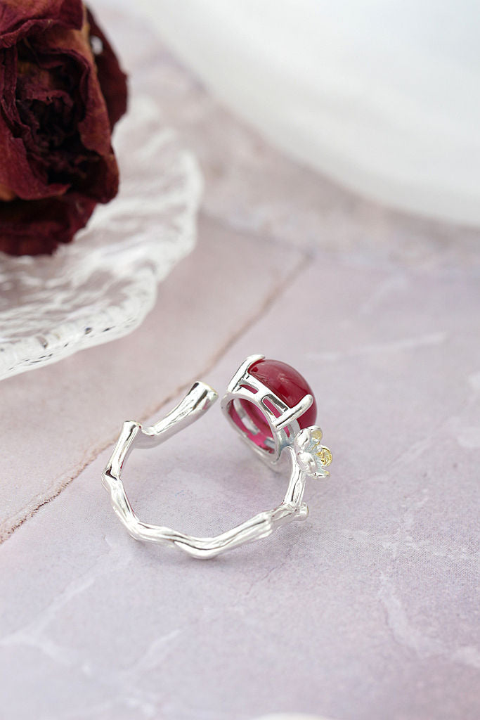 Vintage Elegant Style 925 Sterling Silver Rings Inlaid Artificial Ruby Creative Flower Opening Adjustable Ring Jewelry Gift