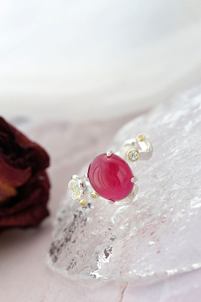 Vintage Elegant Style 925 Sterling Silver Rings Inlaid Artificial Ruby Creative Flower Opening Adjustable Ring Jewelry Gift