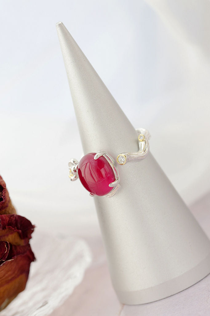 Vintage Elegant Style 925 Sterling Silver Rings Inlaid Artificial Ruby Creative Flower Opening Adjustable Ring Jewelry Gift