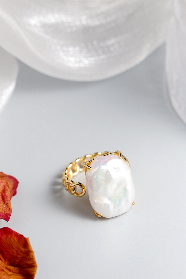 Authentic 925 Sterling Silver Opening Adjustable Ring Inlaid Natural Baroque Pearl Fashion Women 18K Gold Plated Ring Jewelry