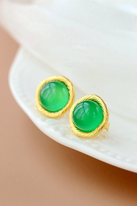 S925 Sterling Silver Earring Inlaid Green Chalcedony Stud 18K Gold Plated Earrings Minimalist Daily Wear Jewelry Gift for Women