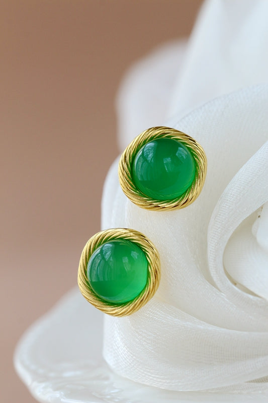 S925 Sterling Silver Earring Inlaid Green Chalcedony Stud 18K Gold Plated Earrings Minimalist Daily Wear Jewelry Gift for Women