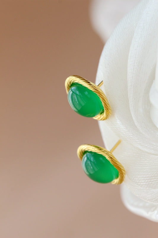 S925 Sterling Silver Earring Inlaid Green Chalcedony Stud 18K Gold Plated Earrings Minimalist Daily Wear Jewelry Gift for Women