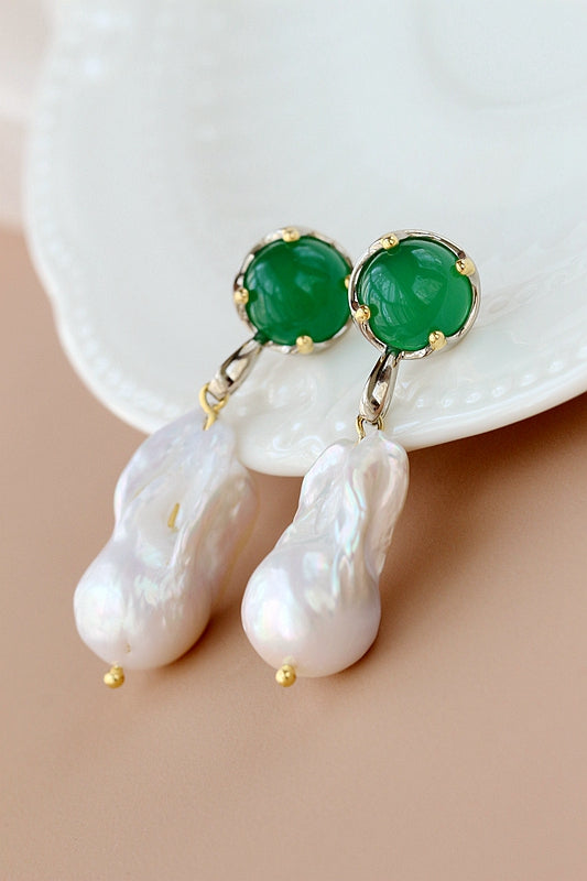 Inlaid Natural Baroque Pearl Green Chalcedony 925 Sterling Silver Earring