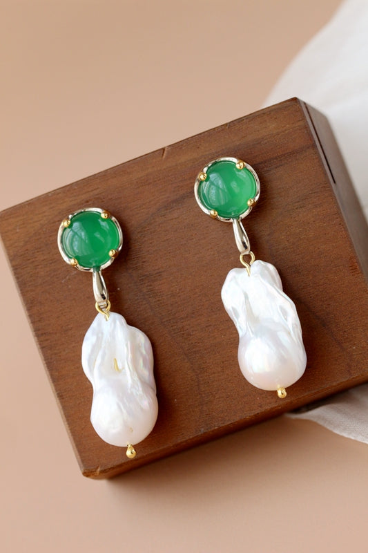 Inlaid Natural Baroque Pearl Green Chalcedony 925 Sterling Silver Earring