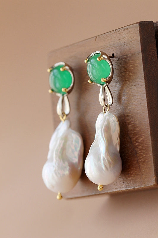Inlaid Natural Baroque Pearl Green Chalcedony 925 Sterling Silver Earring