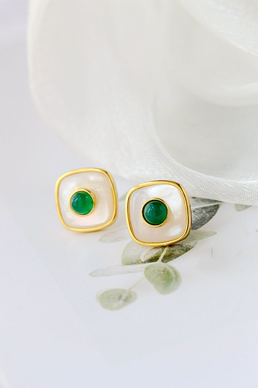 925 Sterling Silver Earrings Inlaid Natural Pearl Shell Green Chalcedony 18K Gold Plated Square Earstuds