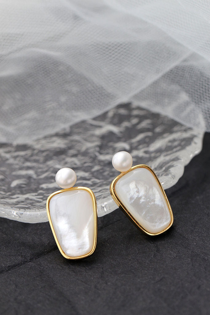 Inlaid Natural White Shell and Freshwater Pearl 18K Gold Plated Earrings Elegant Geometric Style 925 Sterling Silver Earring