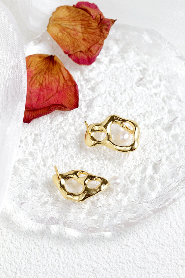 Authentic 925 Sterling Silver Earring Inlaid Natural Freshwater Pearl 18K Gold Plated Earring Minimalist Design Jewelry Gift