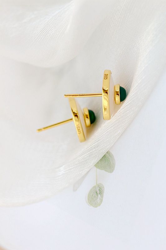 925 Sterling Silver Earrings Inlaid Natural Pearl Shell Green Chalcedony 18K Gold Plated Square Earstuds