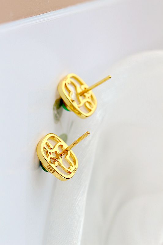925 Sterling Silver Earrings Inlaid Natural Pearl Shell Green Chalcedony 18K Gold Plated Square Earstuds