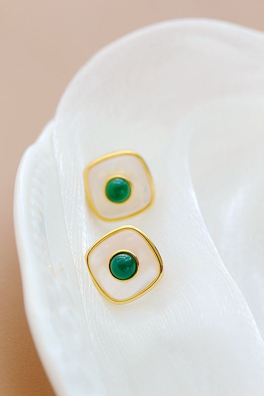 925 Sterling Silver Earrings Inlaid Natural Pearl Shell Green Chalcedony 18K Gold Plated Square Earstuds