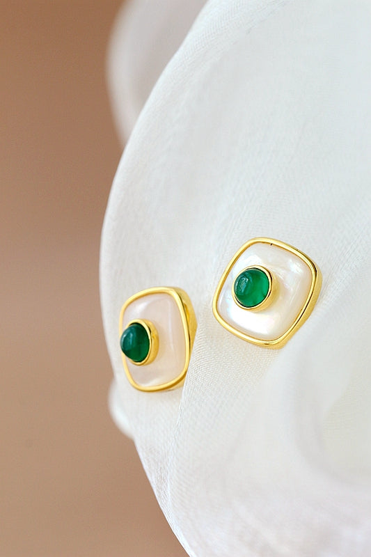 925 Sterling Silver Earrings Inlaid Natural Pearl Shell Green Chalcedony 18K Gold Plated Square Earstuds