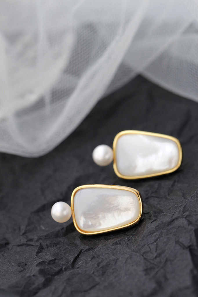 Inlaid Natural White Shell and Freshwater Pearl 18K Gold Plated Earrings Elegant Geometric Style 925 Sterling Silver Earring