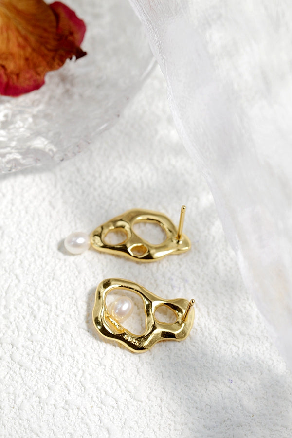 Authentic 925 Sterling Silver Earring Inlaid Natural Freshwater Pearl 18K Gold Plated Earring Minimalist Design Jewelry Gift