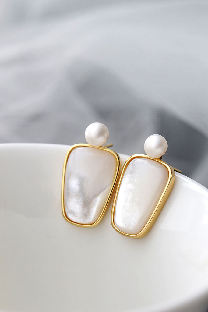 Inlaid Natural White Shell and Freshwater Pearl 18K Gold Plated Earrings Elegant Geometric Style 925 Sterling Silver Earring