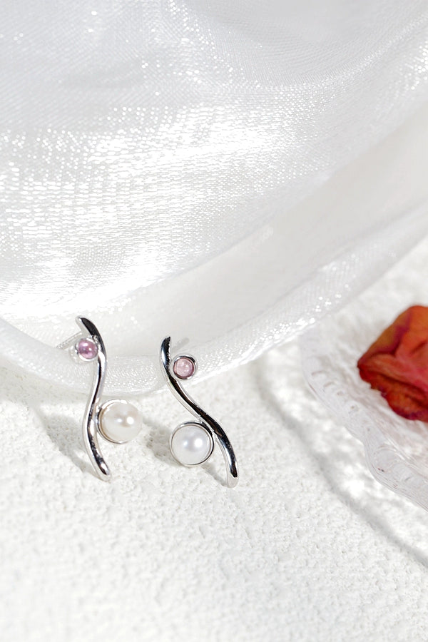 Authentic 925 Sterling Silver Earring Inlaid Natural Freshwater Pearl Red Tourmaline Lady Earring Minimalist Design Jewelry Gift