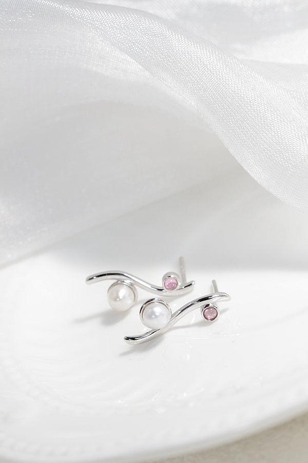 Authentic 925 Sterling Silver Earring Inlaid Natural Freshwater Pearl Red Tourmaline Lady Earring Minimalist Design Jewelry Gift