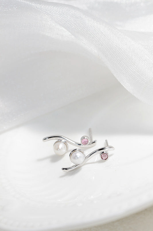 Authentic 925 Sterling Silver Earring Inlaid Natural Freshwater Pearl Red Tourmaline Lady Earring Minimalist Design Jewelry Gift