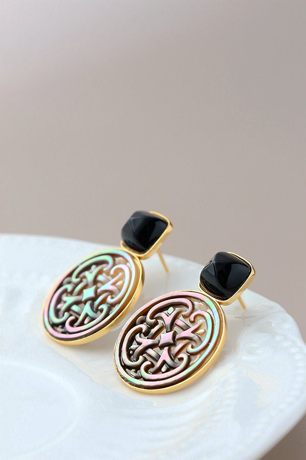 Natural Pearl Shellfish 18K Gold Plated Earring Inlaid Black Agate 925 Sterling Silver Earrings Female Fashion Fine Jewelry Gift