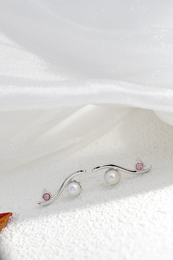 Authentic 925 Sterling Silver Earring Inlaid Natural Freshwater Pearl Red Tourmaline Lady Earring Minimalist Design Jewelry Gift