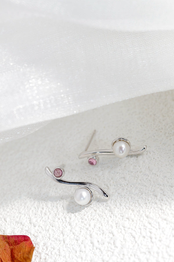 Authentic 925 Sterling Silver Earring Inlaid Natural Freshwater Pearl Red Tourmaline Lady Earring Minimalist Design Jewelry Gift