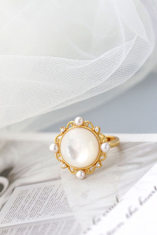 Simple Elegant Women 925 Sterling Silver Ring Inlaid White Mother-of-Pearl and Pearl 18k Gold Plating Adjustable Rings Jewelry