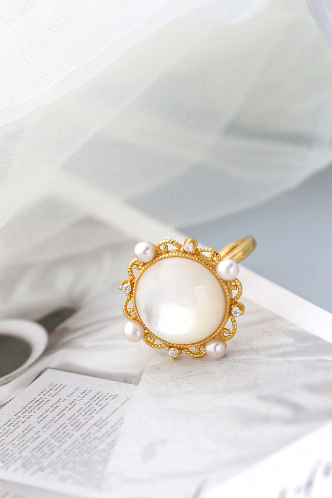 Simple Elegant Women 925 Sterling Silver Ring Inlaid White Mother-of-Pearl and Pearl 18k Gold Plating Adjustable Rings Jewelry
