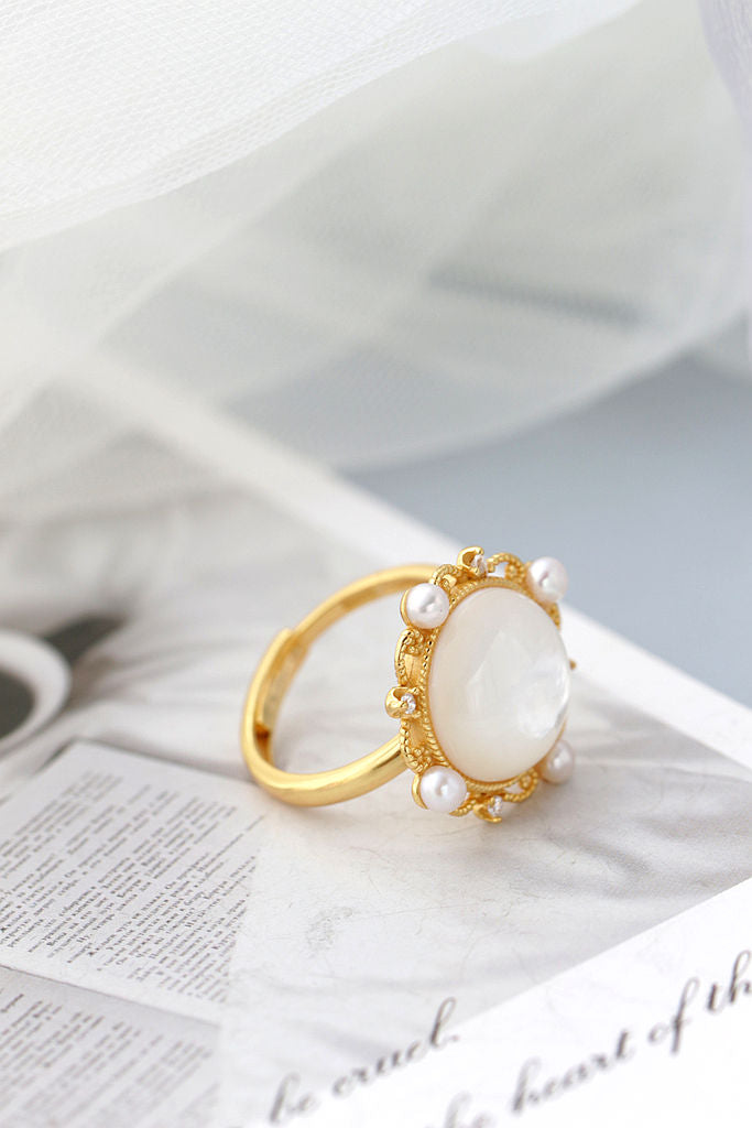 Simple Elegant Women 925 Sterling Silver Ring Inlaid White Mother-of-Pearl and Pearl 18k Gold Plating Adjustable Rings Jewelry