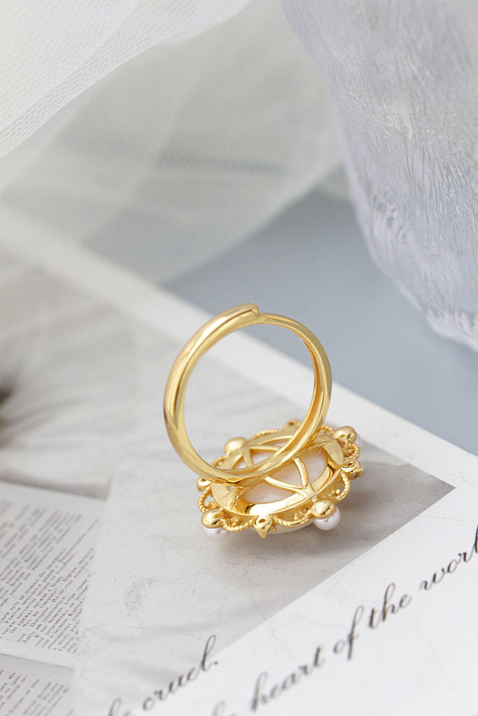 Simple Elegant Women 925 Sterling Silver Ring Inlaid White Mother-of-Pearl and Pearl 18k Gold Plating Adjustable Rings Jewelry