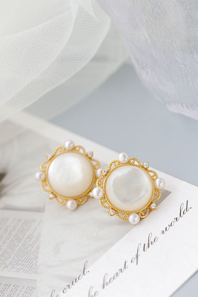 Inlaid Natural White Shell and Freshwater Pearl 18K Gold Plated Earrings Elegant lace-like pattern 925 Sterling Silver Earring