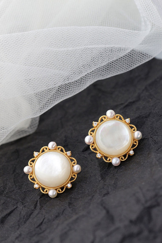 Inlaid Natural White Shell and Freshwater Pearl 18K Gold Plated Earrings Elegant lace-like pattern 925 Sterling Silver Earring