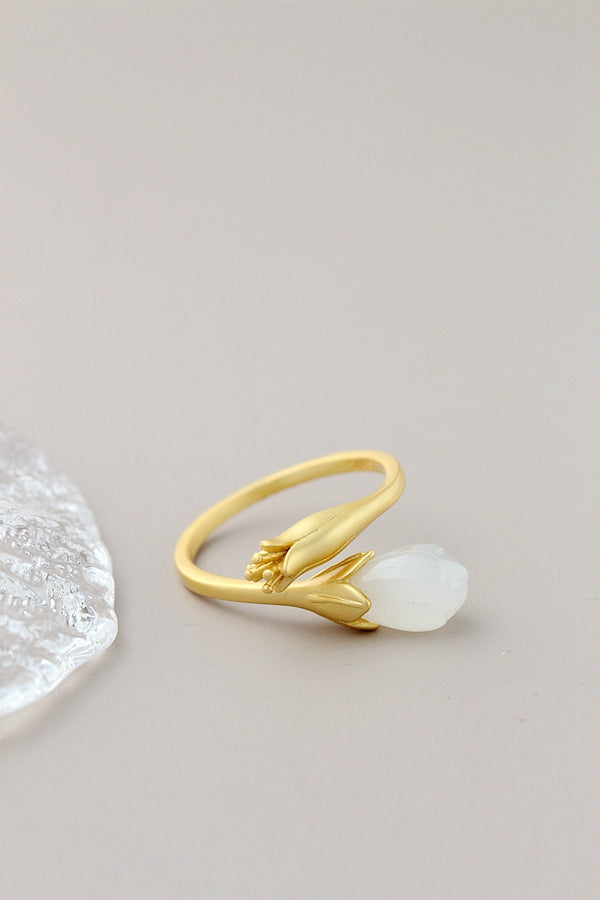 Authentic 925 Sterling Silver Rings Inlaid Natural White Jade 18K Gold Plated Petal Fashion Women Opening Adjustable Ring
