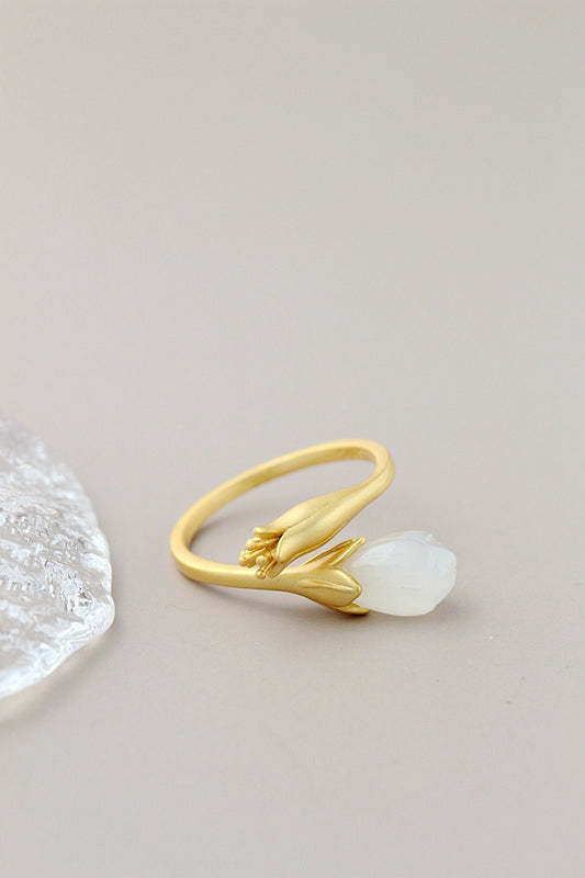 Authentic 925 Sterling Silver Rings Inlaid Natural White Jade 18K Gold Plated Petal Fashion Women Opening Adjustable Ring