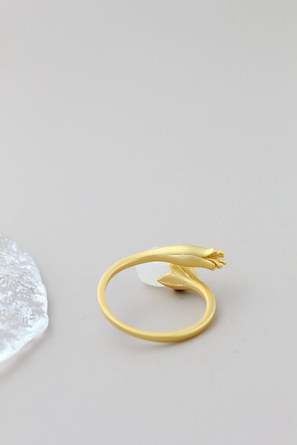 Authentic 925 Sterling Silver Rings Inlaid Natural White Jade 18K Gold Plated Petal Fashion Women Opening Adjustable Ring